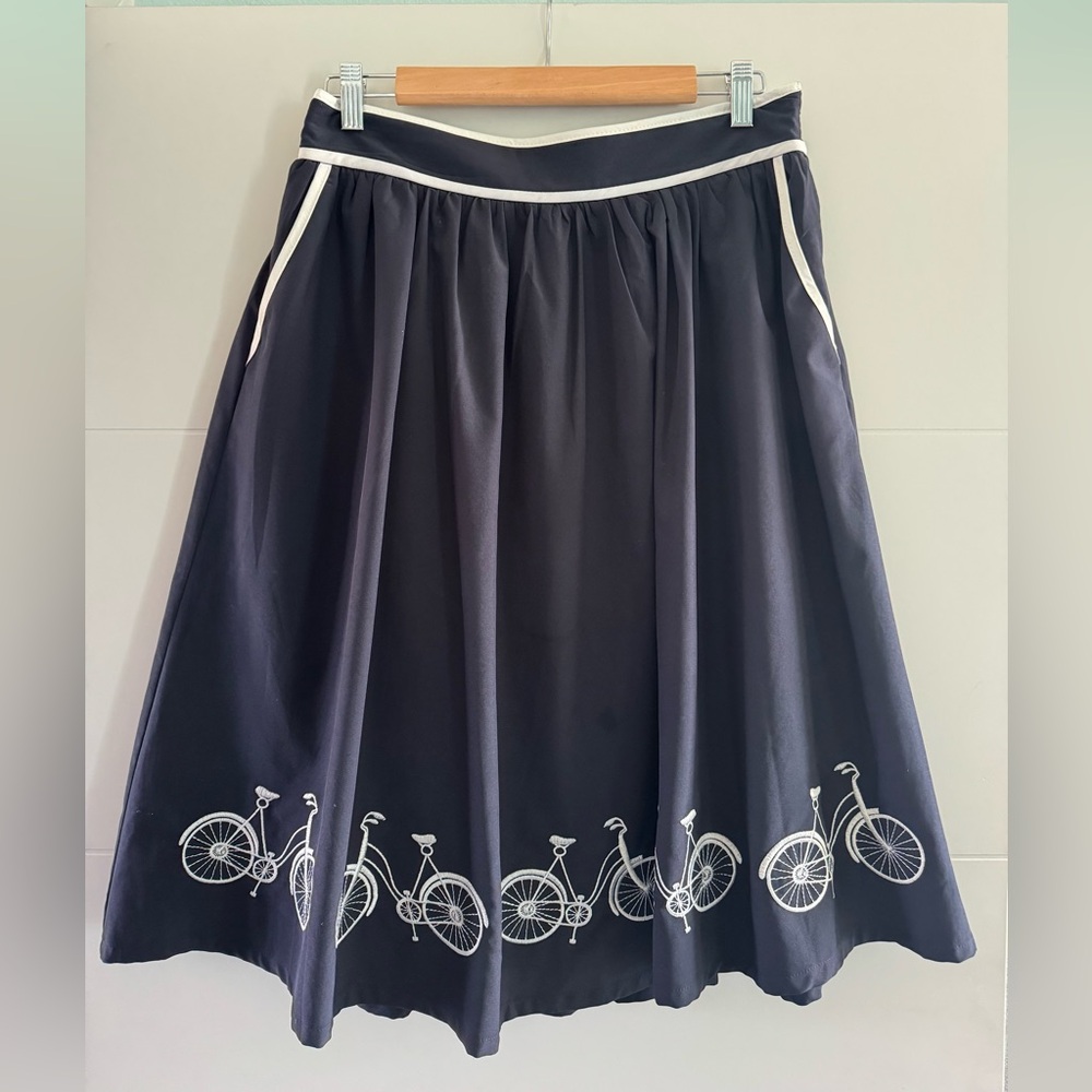 Retro dark navy blue bicycle motif A-line skirt